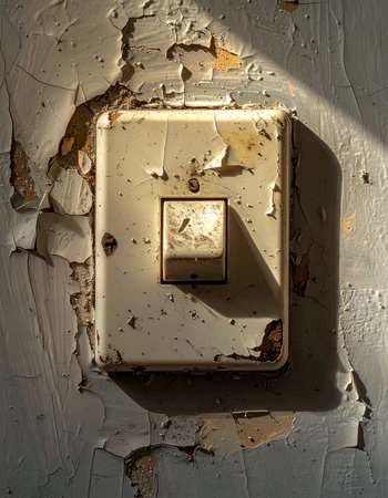 A close-up of a forgotten light switch, its surface rusted and worn, set against a wall with layers of peeling paint.の素材