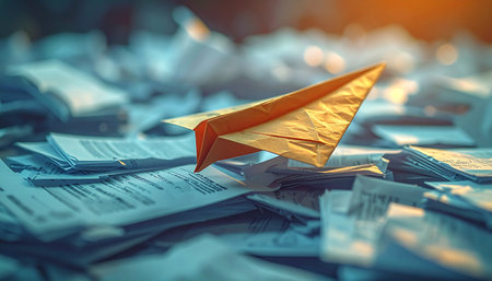 A single golden paper airplane rests atop a sea of blue documents, illuminated by a warm, hopeful light.の素材