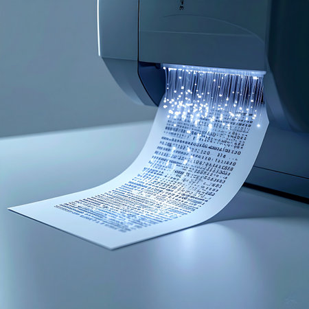 A futuristic printer outputs a document where the text is made of glowing fiber optic cables, symbolizing the high-speed transfer of digital information, big data, and the tangible results of modern .の素材