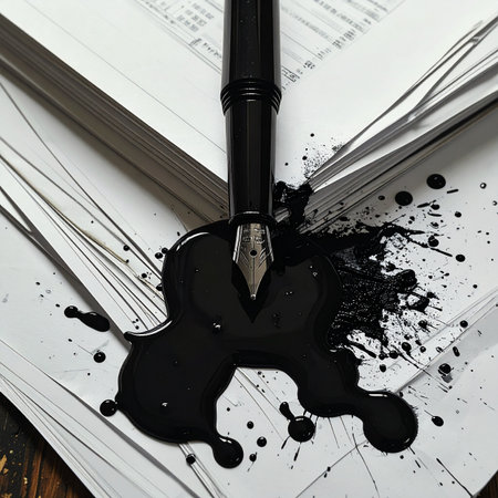 A moment of creative frustration or a costly accident is captured as a classic fountain pen spills a pool of black ink, staining the pristine pages of an open book.の素材
