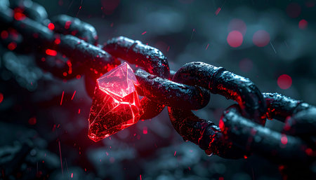 In a sequence of heavy, weathered links, a single, extraordinary element pulsates with an inner fire.の素材