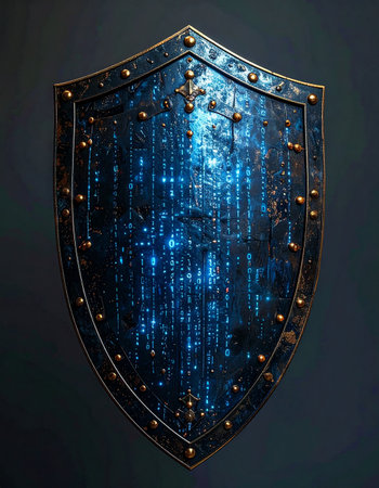 A medieval knight's shield is reimagined with a glowing blue digital matrix, symbolizing modern data protection.の素材