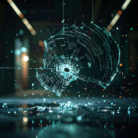 A high-tech glass interface hangs shattered, the epicenter of a powerful impact.の素材