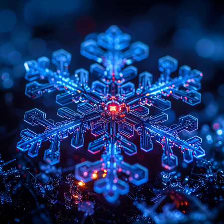 A stunning macro photograph captures the breathtaking geometric perfection of a single snowflake.の素材