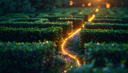 A brilliant, glowing trail of light carves a clear path through the complex twists and turns of a dark, mysterious hedge maze.の素材