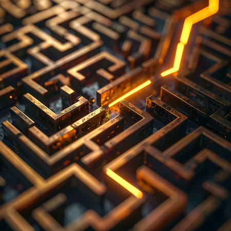 An illuminated line carves a decisive path through a complex and intricate maze, symbolizing the power of strategy and innovation to find a clear solution amidst overwhelming complexity.の素材