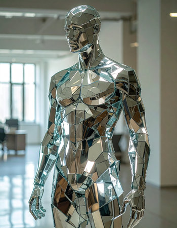 A powerful, muscular humanoid figure made of reflective mirror shards stands in a bright, modern interior.の素材
