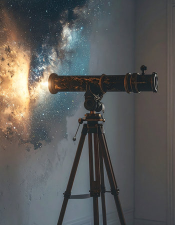 From the quiet of a room, a powerful telescope becomes a portal to the cosmos.の素材