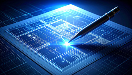A revolutionary architectural design comes to life as a digital pen traces the future of construction, illuminating a smart home blueprint with a brilliant blue light, symbolizing a new era in engine.の素材