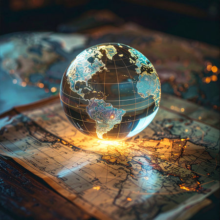 A crystal globe, illuminated from within, rests upon a vintage map, casting a warm glow on the continents.の素材