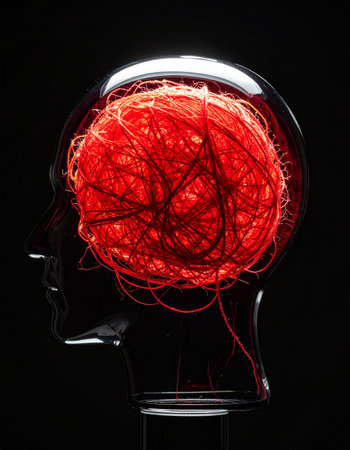 A glowing, tangled mass of red threads represents a complex neural network or the intricate web of consciousness within a transparent head.の素材