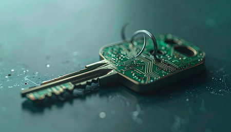 A macro view of a hybrid key, where traditional metal meets a complex circuit board.の素材