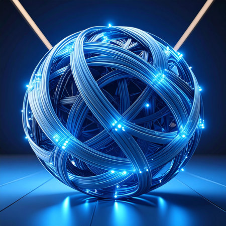 A luminous sphere of interwoven fibers pulses with blue light, representing the intricate and seamless flow of global data.の素材