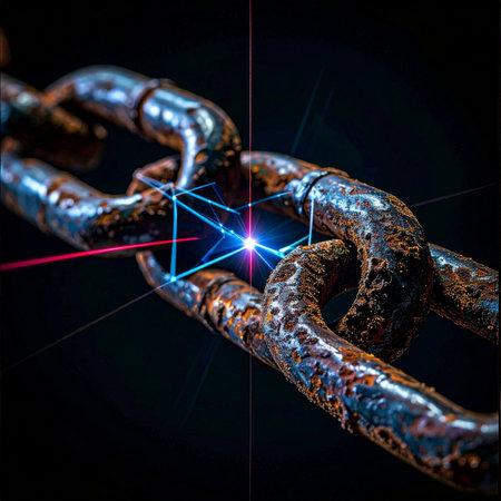 A glowing digital node, representing blockchain or advanced cybersecurity, is integrated into a heavy, corroded industrial chain.の素材