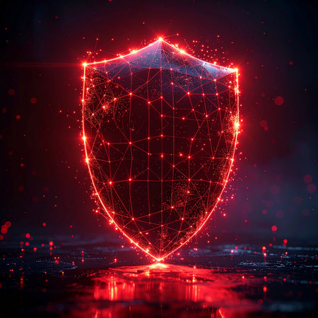 A luminous red shield materializes in the digital darkness, its interconnected nodes forming an impenetrable barrier.の素材