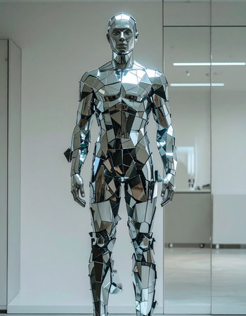 A striking, life-sized humanoid sculpture made of faceted mirrors stands sentinel in a modern corporate lobby.の素材