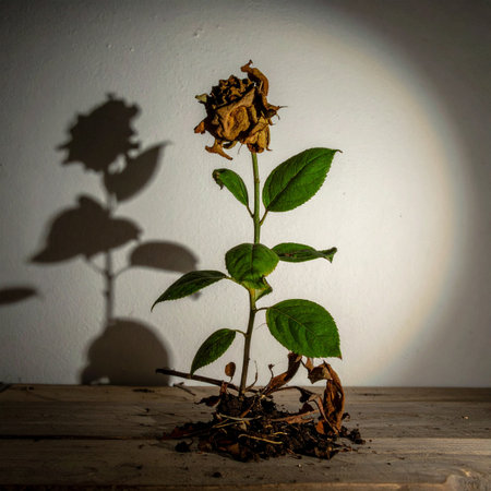 In a stark room, a single spotlight illuminates the final, fragile moments of a dying rose. Its shadow, a memory of its former glory, looms large on the wall.の素材