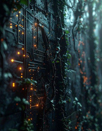 In the heart of a dense, forgotten jungle, an ancient wall of unknown origin hums with latent power.の素材