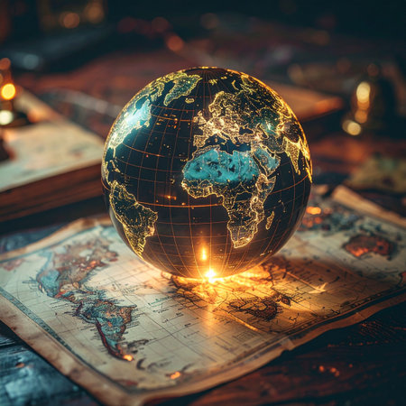 In a dimly lit study, a golden globe casts a warm glow upon an ancient map, illuminating continents and oceans.の素材