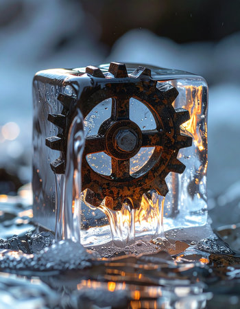 A rusty industrial gear, a symbol of progress and mechanics, is trapped within a crystal-clear block of melting ice.の素材