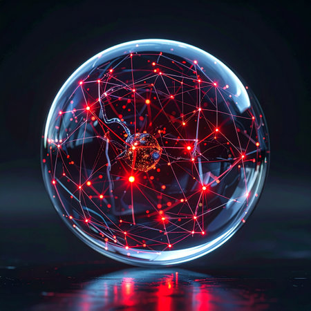 A crystal sphere encapsulates a glowing red neural network, symbolizing the intricate web of global data, communication, and artificial intelligence.の素材