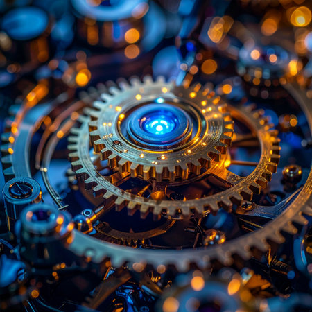 A macro view into the heart of a complex machine, where golden gears interlock with perfect precision.の素材
