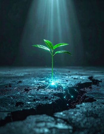 In a world of darkness and cracked earth, a single, resilient seedling emerges, bathed in a divine beam of light.の素材