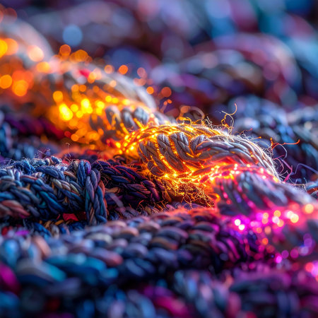 A macro view into a futuristic textile where threads of light pulse with energy.の素材