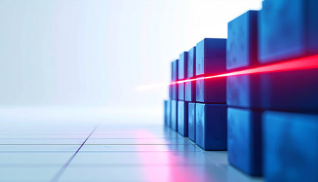 A high-intensity red laser beam meticulously scans a row of blue data blocks, symbolizing a process of digital verification, security analysis, or technological breakthrough.の素材