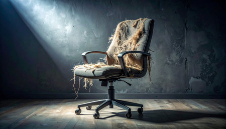 In a dark, empty room, a single spotlight illuminates a forgotten office chair, its tattered fabric and exposed stuffing telling a story of past use and current neglect.の素材