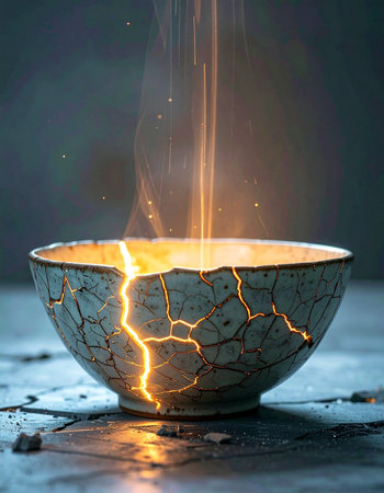 A broken ceramic bowl is magically restored as streams of golden light pour into its cracks.の素材