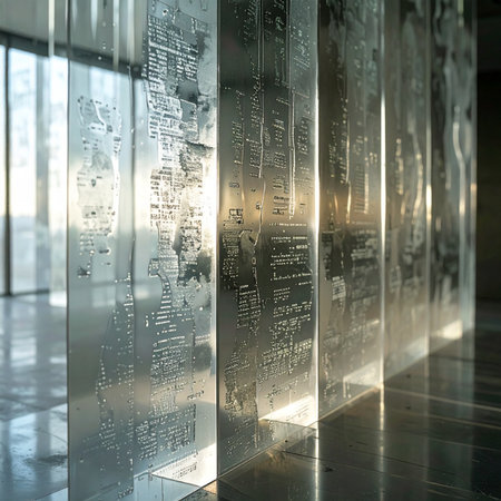Sunlight streams through a modern interior, illuminating thick glass panels etched with ancient hieroglyphics.の素材