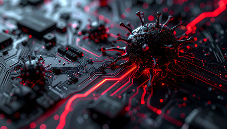 A malicious digital virus, visualized as a biological pathogen, spreads its glowing red infection across the intricate pathways of a computer circuit board.の素材