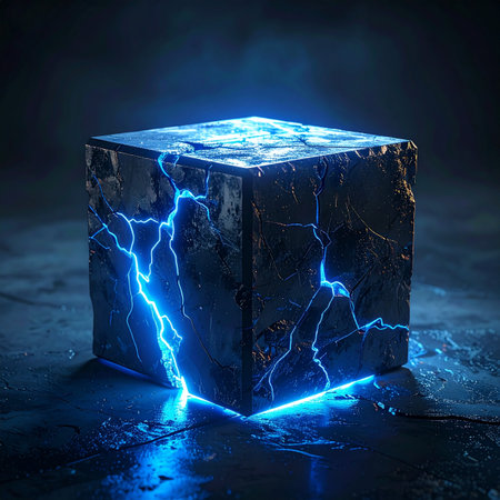 An ancient, enigmatic cube pulses with untamed blue energy, its dark surface fractured by arcs of pure power.の素材