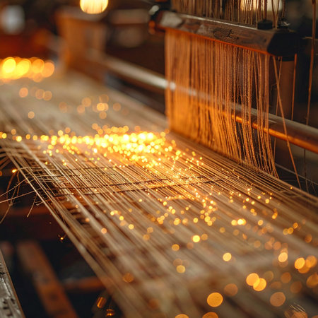 In a warm, glowing workshop, an industrial loom works with precision, its countless golden threads shimmering as they are expertly woven together.の素材