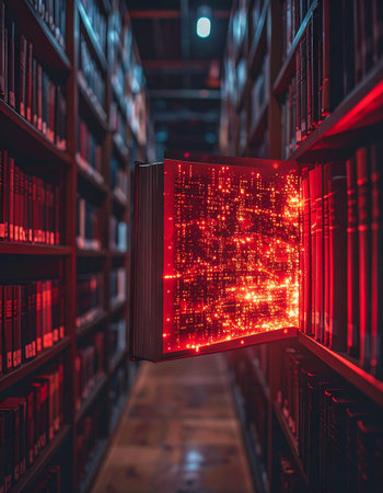 In the quiet depths of a traditional library, a single book glows with an otherworldly red light, its pages replaced by a complex digital network.の素材