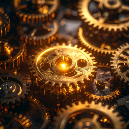 At the heart of a complex machine, a central golden gear glows with power, symbolizing the core of innovation and precision engineering.の素材