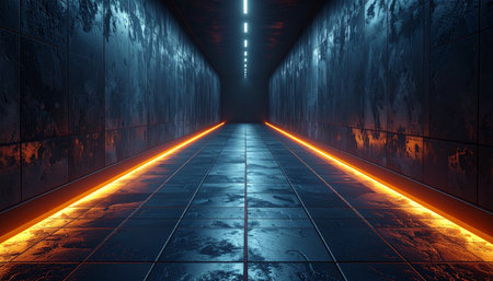 A path into the unknown is illuminated by vibrant orange light strips in this dark, futuristic sci-fi tunnel.の素材