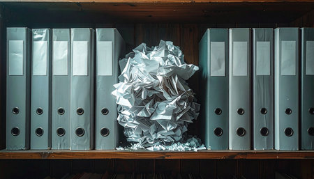 Amidst the rigid structure of neatly arranged office binders, a chaotic ball of crumpled paper represents a moment of frustration, a discarded idea, or the overwhelming nature of bureaucracy.の素材