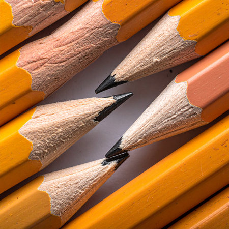 A macro photograph capturing the sharp, precise points of several yellow pencils.の素材