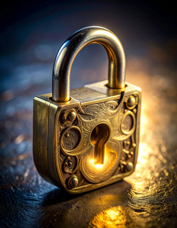 An ornate, antique golden padlock rests on a dark, reflective surface, its intricate engravings catching the light.の素材