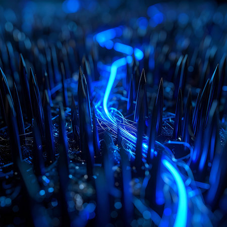 A vibrant stream of blue light, representing data and energy, carves a path through a complex, dark network.の素材