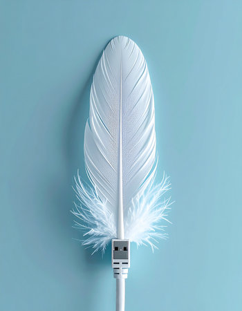 A single white feather connects to a USB cable, symbolizing the concept of lightweight data, gentle technology, and seamless digital communication.の素材