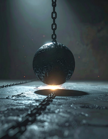 In the deep silence of a forgotten industrial space, a massive wrecking ball hangs suspended, a silent testament to immense power and impending change.の素材