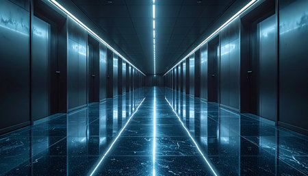Step into the future through this sleek, infinite corridor illuminated by cool blue neon lights.の素材