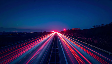 Streams of vibrant red and blue light paint a picture of relentless motion down a highway at twilight.の素材