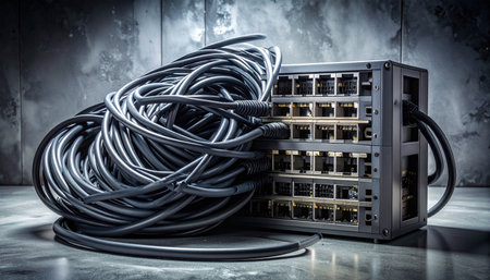 In the heart of a data center, a network switch stands as the central hub against a chaotic storm of tangled ethernet cables.の素材