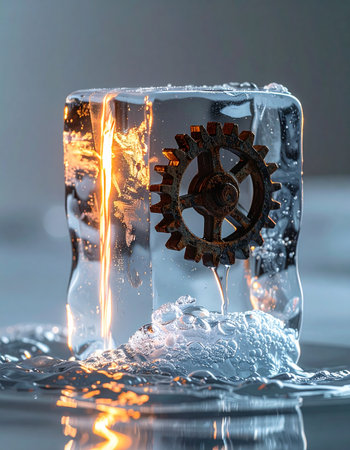 A vintage mechanical gear, a relic of a bygone industrial era, is suspended within a block of crystal-clear ice.の素材