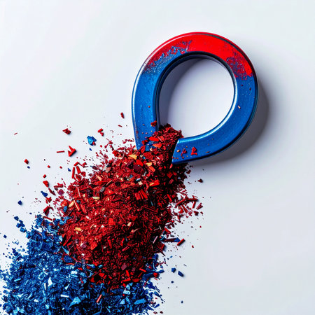 A powerful horseshoe magnet demonstrates the principle of selective attraction, pulling only the red particles from a mixed pile of red and blue powder.の素材
