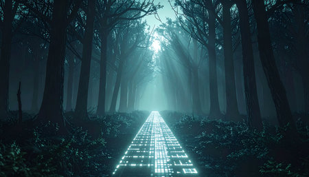 A luminous digital highway cuts through the deep, ancient woods, casting an ethereal glow on the surrounding trees.の素材